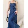 imagechouyatou Womens Sexy Spaghetti Strap Back Smocked Denim Dress Party Club Sleeveless Midi Jean SundressDark Blue