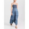 imagechouyatou Womens Spaghetti Strap Smocked Denim Dress Tiered High Waist Maxi Long Jean DressBlue