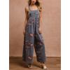 imagechouyatou Womens Summer Boho Floral Denim Bib Overalls Adjustable Strap Wide Leg Jumpsuits Jeans with PocketsBlue