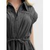 imagechouyatou Womens Summer Cap Sleeve Denim Dress Business Casual Drawstring Jean Tunic Shirt Dress with PocketsBlack