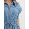 imagechouyatou Womens Summer Cap Sleeve Denim Dress Business Casual Drawstring Jean Tunic Shirt Dress with PocketsBlue