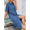 imagechouyatou Womens Summer Short Sleeve Button Down Midi Denim Dress Loose Casual Jean Shift DressDark Blue