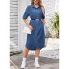 imagechouyatou Womens Summer Short Sleeve Button Down Midi Denim Dress Loose Casual Jean Shift DressDark Blue