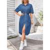 imagechouyatou Womens Summer Short Sleeve Button Down Midi Denim Dress Loose Casual Jean Shift DressDark Blue