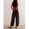 imagechouyatou Womens Y2k Baggy Barrel Jeans Drawstring Waist Boyfriend Wide Leg Loose Capri Denim Pants with PocketsBlack