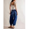 imagechouyatou Womens Y2k Baggy Barrel Jeans Drawstring Waist Boyfriend Wide Leg Loose Capri Denim Pants with PocketsDark Blue