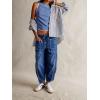 imagechouyatou Womens Y2k Baggy Barrel Jeans Drawstring Waist Boyfriend Wide Leg Loose Capri Denim Pants with PocketsDark Blue
