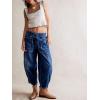 imagechouyatou Womens Y2k Baggy Barrel Jeans Drawstring Waist Boyfriend Wide Leg Loose Capri Denim Pants with PocketsDark Blue