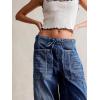 imagechouyatou Womens Y2k Baggy Barrel Jeans Drawstring Waist Boyfriend Wide Leg Loose Capri Denim Pants with PocketsDark Blue