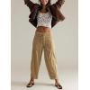 imagechouyatou Womens Y2k Baggy Barrel Jeans Drawstring Waist Boyfriend Wide Leg Loose Capri Denim Pants with PocketsKhaki