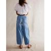 imagechouyatou Womens Y2k Baggy Barrel Jeans Drawstring Waist Boyfriend Wide Leg Loose Capri Denim Pants with PocketsLight Blue