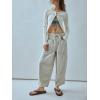 imagechouyatou Womens Y2k Baggy Barrel Jeans Drawstring Waist Boyfriend Wide Leg Loose Capri Denim Pants with PocketsWhite