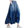 imagechouyatou Womens 2024 Ruched Midi Long Denim Skirt Casual ALine High Waist Pleated Jean SkirtBlue