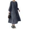 imagechouyatou Womens Casual Ruffle Long Sleeve Denim Dress Button Up Baydoll Tiered Jean Midi Long DressBlack