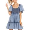 imagechouyatou Womens High Waist Square Neck Short Sleeve Tiered Mini Denim Jean Smocked DressBlue