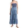 imagechouyatou Womens Spaghetti Strap Smocked Denim Dress Tiered High Waist Maxi Long Jean DressBlue