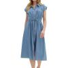 imagechouyatou Womens Summer Cap Sleeve Denim Dress Business Casual Drawstring Jean Tunic Shirt Dress with PocketsBlue
