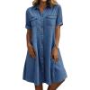 imagechouyatou Womens Summer Short Sleeve Denim Shirt Dress Business Casual Button Down Midi Long Jean DressDark Blue
