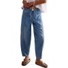 imagechouyatou Womens Y2k Baggy Barrel Jeans Drawstring Waist Boyfriend Wide Leg Loose Capri Denim Pants with PocketsLight Blue