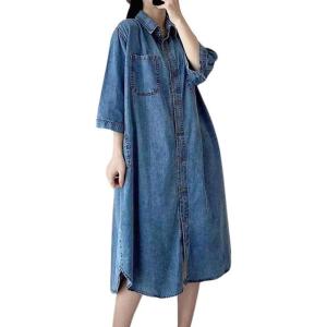 imagechouyatou Womens Baggy 34 Sleeve Denim Shirt Dress Business Casual Button Down Swing Midi Long Jean DressBlue
