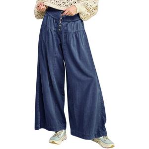 imagechouyatou Womens Baggy Wide Leg Pleated Denim Pants Casual Elastic High Waisted Palazzo Barrel JeansDark Blue