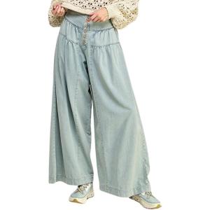 imagechouyatou Womens Baggy Wide Leg Pleated Denim Pants Casual Elastic High Waisted Palazzo Barrel JeansLight Blue