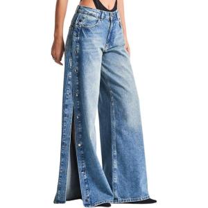 imagechouyatou Womens Boyfriend Y2K Wide Leg Side Split Denim Pants Casual Low Waisted Palazzo JeansBlue