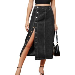 imagechouyatou Womens Casual Button Down Split Jean Skirt ALine Midi Long Denim Cargo SkirtBlack
