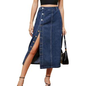 imagechouyatou Womens Casual Button Down Split Jean Skirt ALine Midi Long Denim Cargo SkirtDark Blue