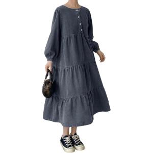 imagechouyatou Womens Casual Ruffle Long Sleeve Denim Dress Button Up Baydoll Tiered Jean Midi Long DressBlack