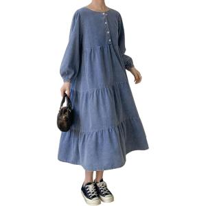 imagechouyatou Womens Casual Ruffle Long Sleeve Denim Dress Button Up Baydoll Tiered Jean Midi Long DressBlue