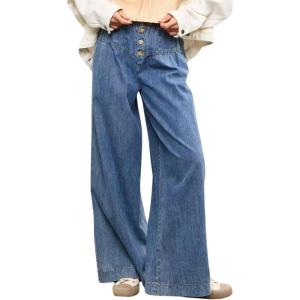 imagechouyatou Womens Casual Wide Leg Denim Pants Elastic Waist Boyfriend Palazzo Jeans with PocketsBlue