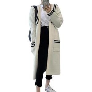 imagechouyatou Womens Cute Sailor Collar Striped Open Front Long Knit Cardigan Sweaters Coat with PocketsBeige