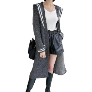 imagechouyatou Womens Cute Sailor Collar Striped Open Front Long Knit Cardigan Sweaters Coat with PocketsGrey