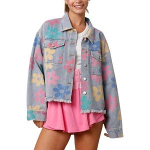imagechouyatou Womens Cute Y2k Flower Pattern Denim Jacket Button Down Frayed Fringe Jean Jacket CoatBlue