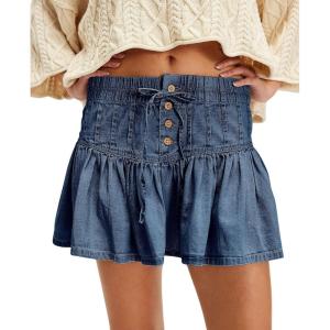 imagechouyatou Womens Denim Pleated A Line Mini Skirt High Elastic Waisted Button Ruffle Jean Short SkirtDark Blue