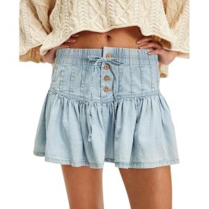 imagechouyatou Womens Denim Pleated A Line Mini Skirt High Elastic Waisted Button Ruffle Jean Short SkirtLight Blue