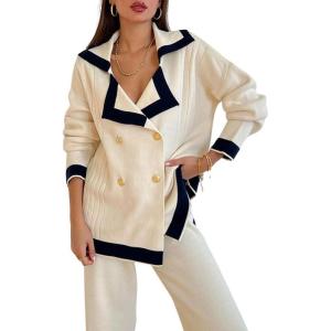 imagechouyatou Womens Double Breasted Color Block Knit Cardigan Sweater Notched Lapel Oversized Jacket CoatBeige White