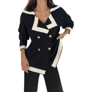 imagechouyatou Womens Double Breasted Color Block Knit Cardigan Sweater Notched Lapel Oversized Jacket CoatBlack