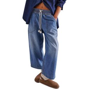 imagechouyatou Womens Drawstring Waist Barrel Jeans Boyfriend Baggy Loose Jeans Wide Leg Capri Denim Pants with PocketsDark Blue
