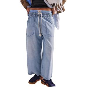 imagechouyatou Womens Drawstring Waist Barrel Jeans Boyfriend Baggy Loose Jeans Wide Leg Capri Denim Pants with PocketsLight Blue
