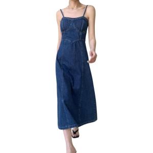 imagechouyatou Womens Sexy Spaghetti Strap Back Smocked Denim Dress Party Club Sleeveless Midi Jean SundressDark Blue