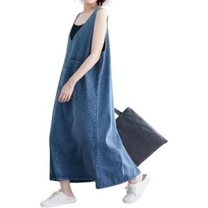 imagechouyatou Womens Sleeveless Denim Overall Dress Loose Baggy Jumper Maxi Jean Tank DressBlue