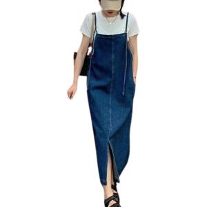 imagechouyatou Womens Spaghetti Strap Denim Overall Dress Bib Dress Jumper Maxi Long Jean Dress with PocketsBlue