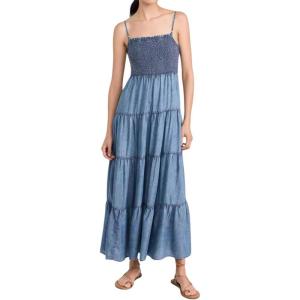 imagechouyatou Womens Spaghetti Strap Smocked Denim Dress Tiered High Waist Maxi Long Jean DressBlue