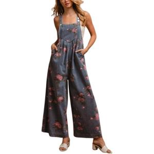 imagechouyatou Womens Summer Boho Floral Denim Bib Overalls Adjustable Strap Wide Leg Jumpsuits Jeans with PocketsBlue