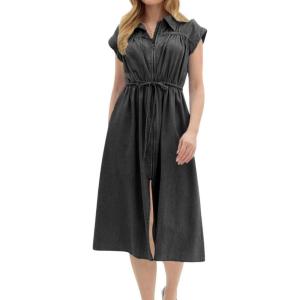 imagechouyatou Womens Summer Cap Sleeve Denim Dress Business Casual Drawstring Jean Tunic Shirt Dress with PocketsBlack