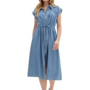 imagechouyatou Womens Summer Cap Sleeve Denim Dress Business Casual Drawstring Jean Tunic Shirt Dress with PocketsBlue