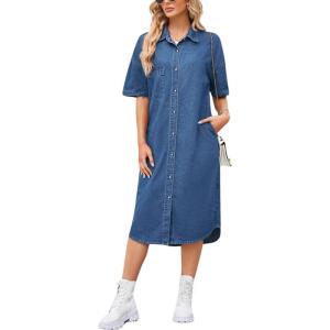 imagechouyatou Womens Summer Short Sleeve Button Down Midi Denim Dress Loose Casual Jean Shift DressDark Blue