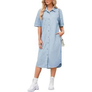 imagechouyatou Womens Summer Short Sleeve Button Down Midi Denim Dress Loose Casual Jean Shift DressLight Blue